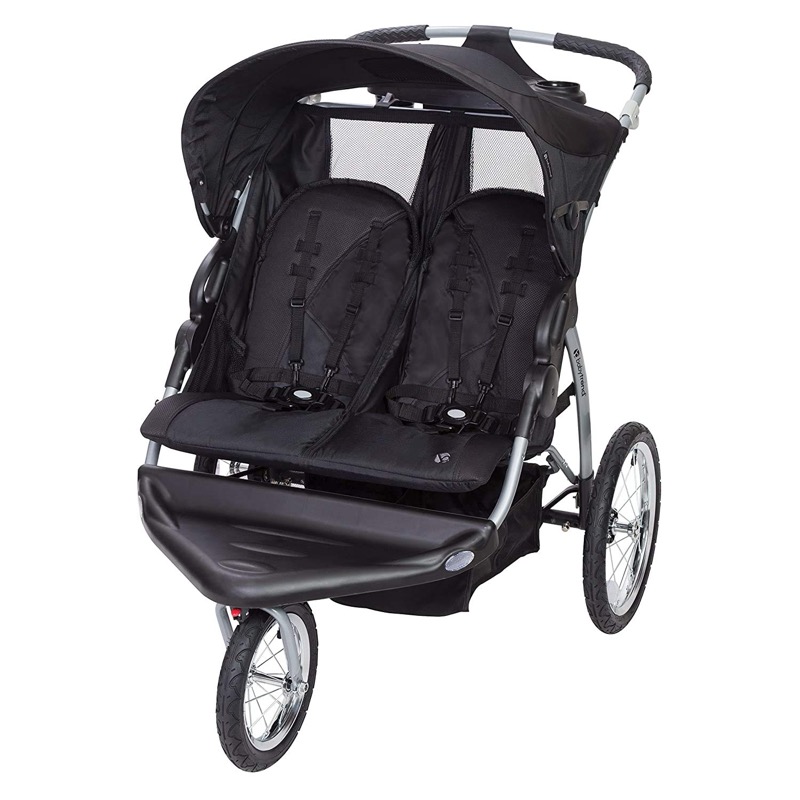 gray baby trend expedition side-by-side double jogging stroller with three large wheels and two canopies