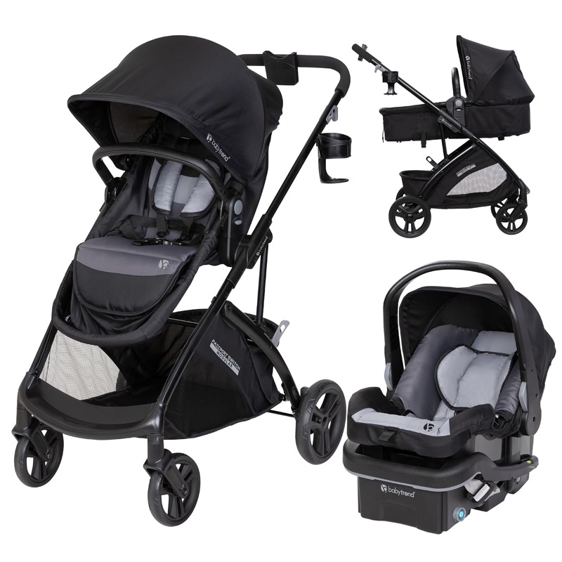 black baby trend passport switch stroller with its infant car seat and an inset of the carriage mode