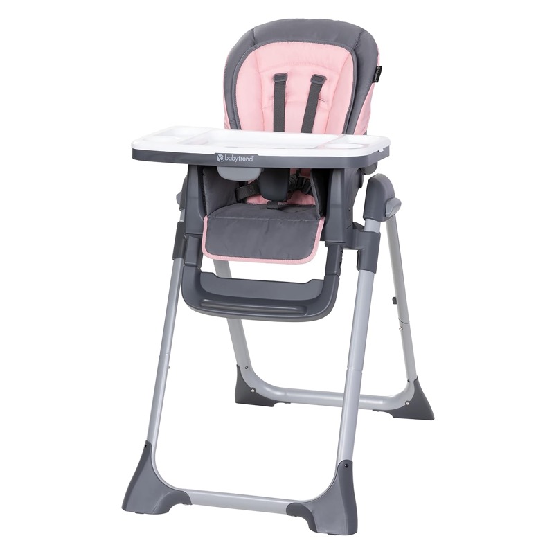 gray and pink baby trend sit right high chair with a padded seat, harness and white tray