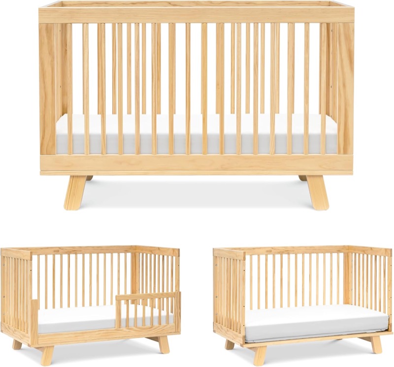 natural wood babyletto hudson crib with round spindles and turned-out feet, shown with its toddler bed and daybed modes