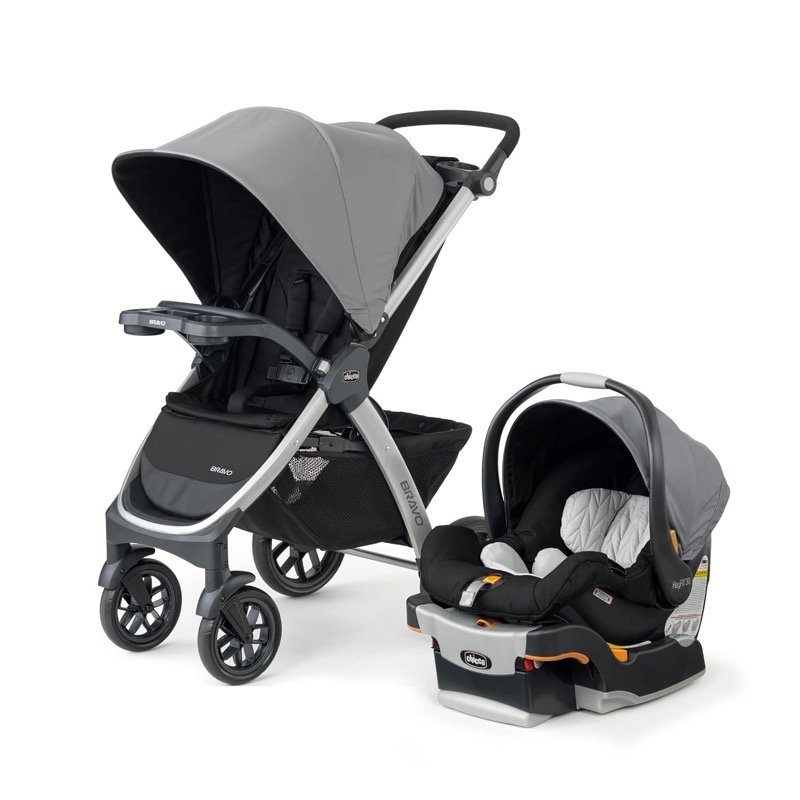 gray chicco bravo stroller with a black keyfit 30 infant car seat beside it