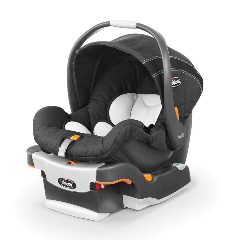 black chicco keyfit infant car seat with a canopy and carry handle on its base