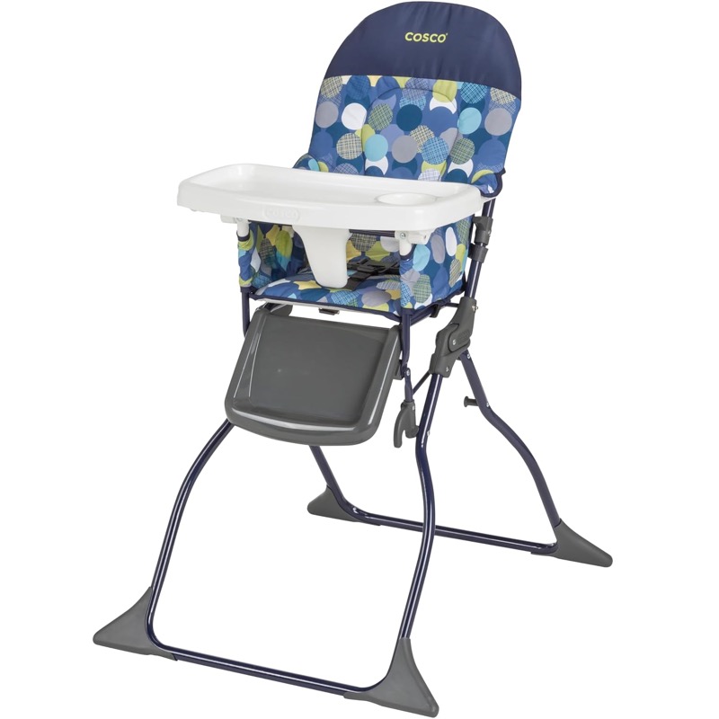 navy cosco simple fold high chair with a blue and green dot seat and a white tray