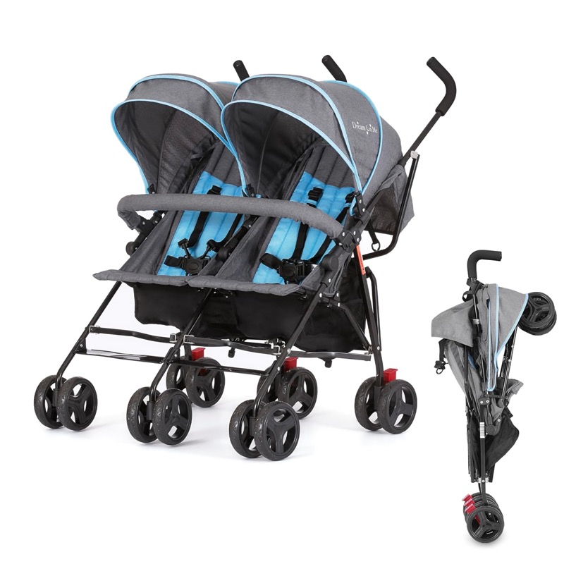 blue and gray dream on me volgo side-by-side twin umbrella stroller with an inset showing it folded