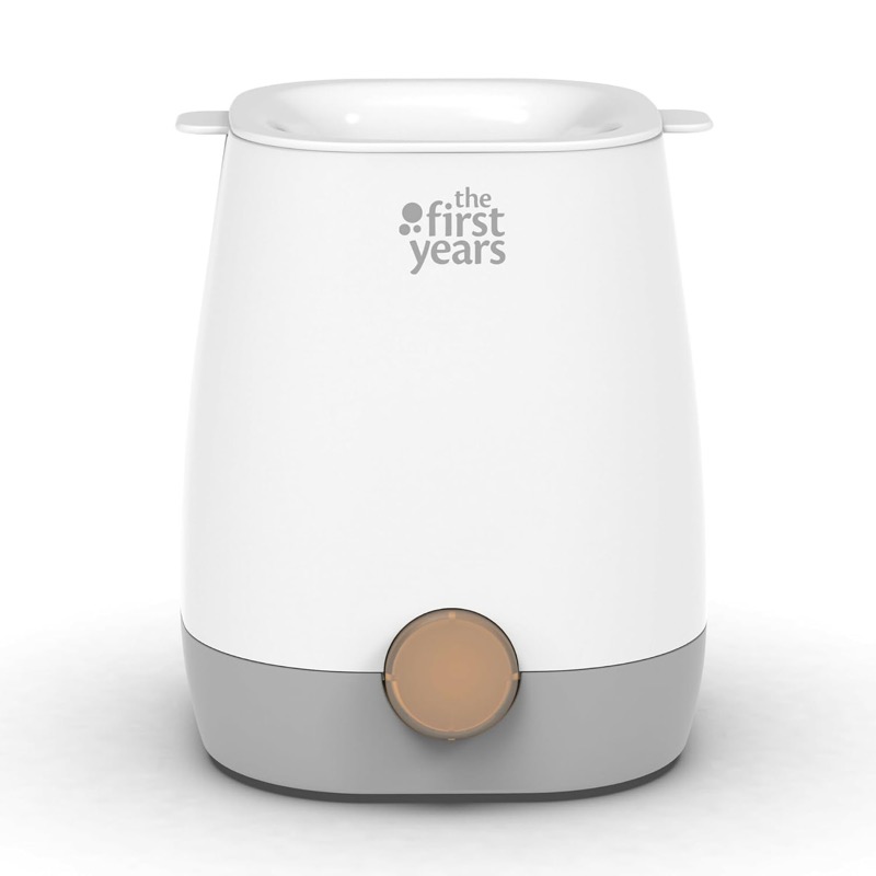 white and gray the first years simple serve bottle warmer with a round orange button