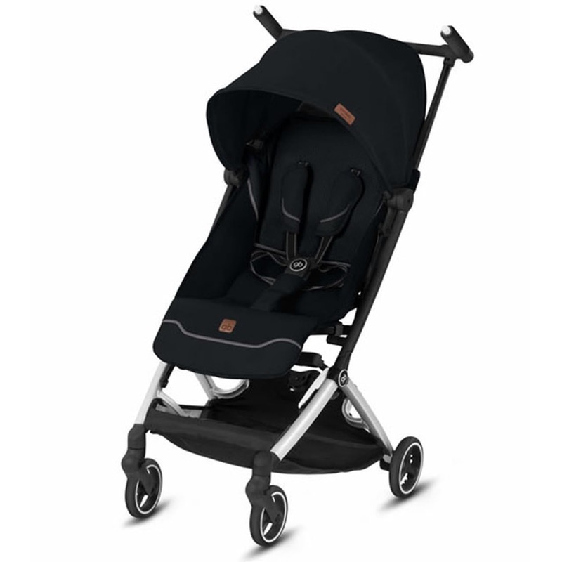 black gb pockit plus all city compact stroller with a canopy and a small basket