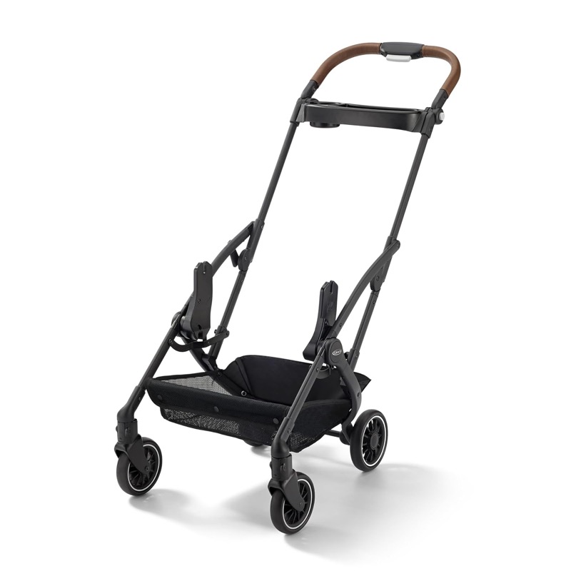 black graco gomax stroller frame with a brown leatherette handle and a basket, without a car seat