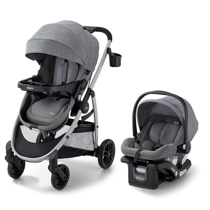 gray graco modes pramette stroller next to its matching snugride infant car seat