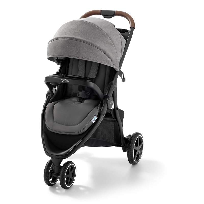 gray graco outpace lx three-wheel all-terrain stroller with a canopy and snack tray