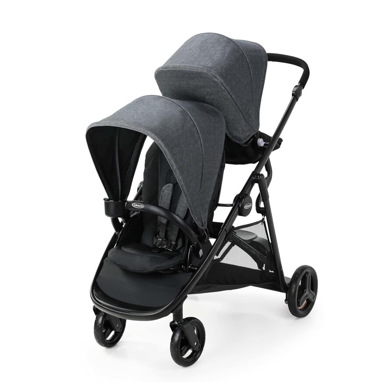 black and gray graco ready2grow tandem double stroller with two seats one behind the other