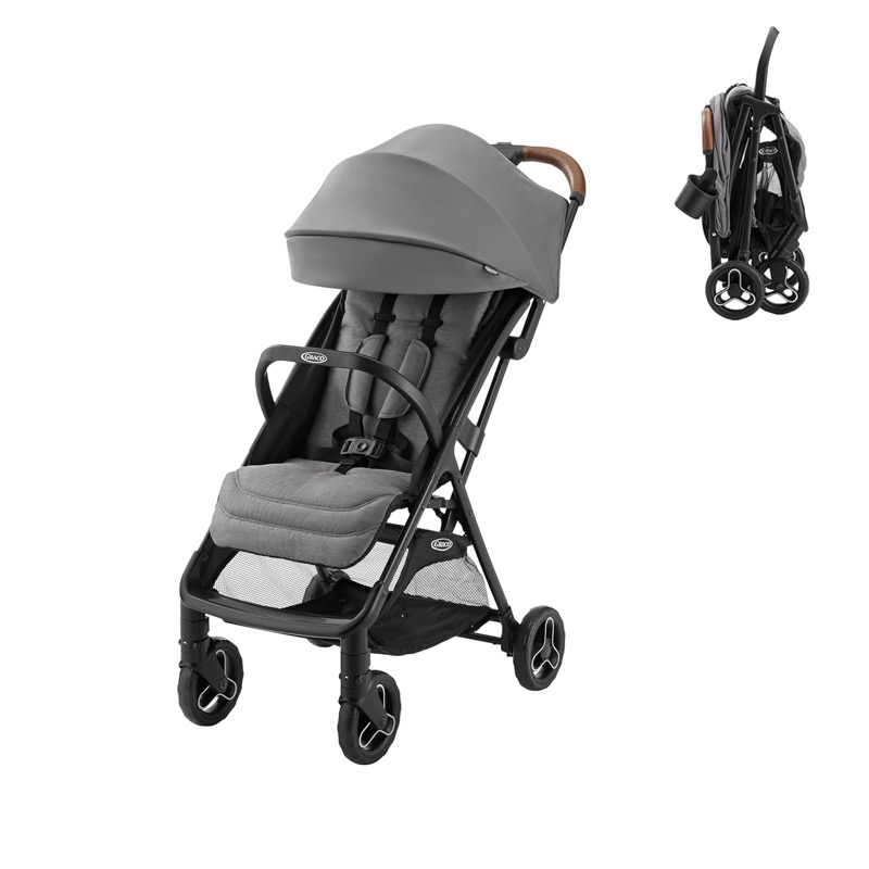 gray graco ready2jet compact stroller with a canopy, shown open with an inset of it folded