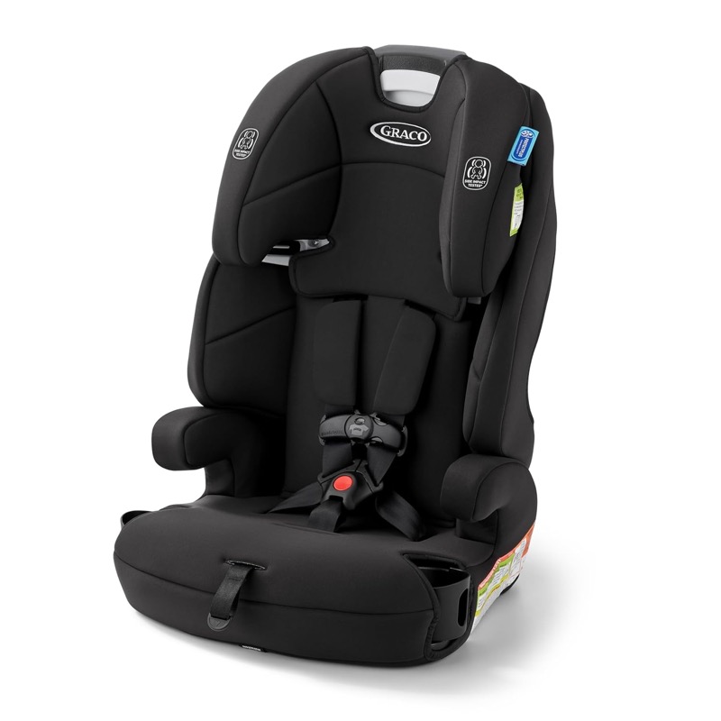 black graco tranzitions harness booster seat with a five-point harness and armrests