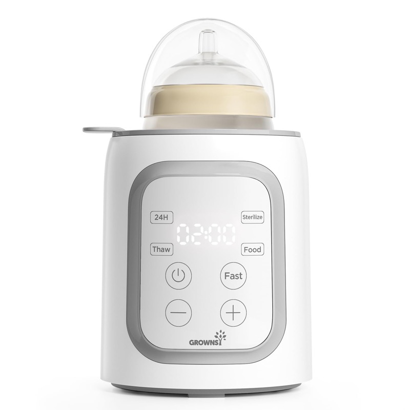 white grownsy 8 in 1 bottle warmer with a digital display, buttons and a bottle on top