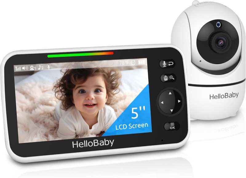 hellobaby parent unit with a five-inch screen showing a smiling toddler next to a white camera