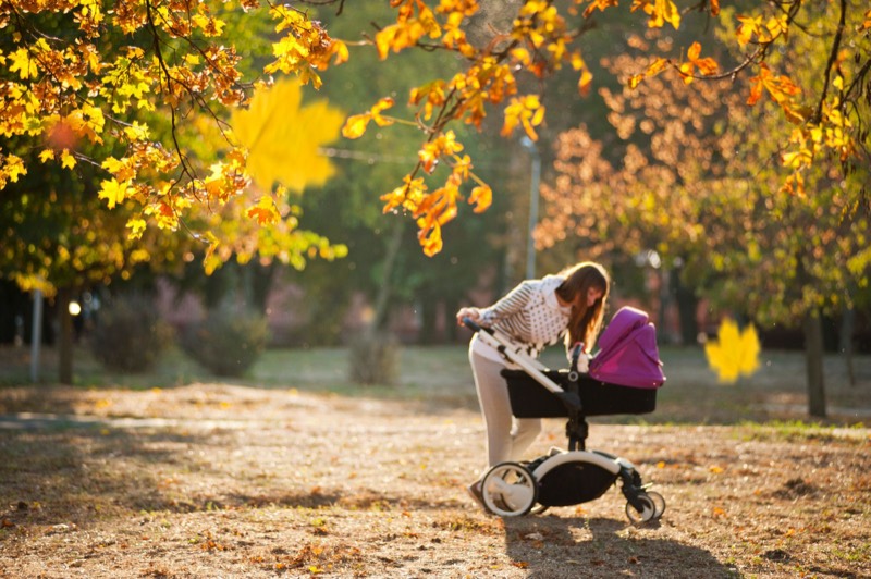 mother walking with a stroller through a sunny autumn park covered in yellow leaves