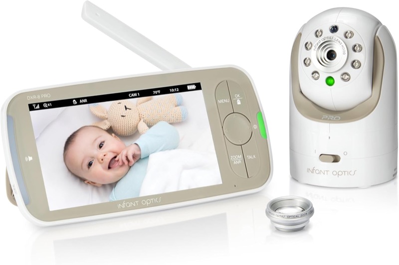 infant optics dxr-8 pro parent unit showing a sleeping baby next to the white dome camera
