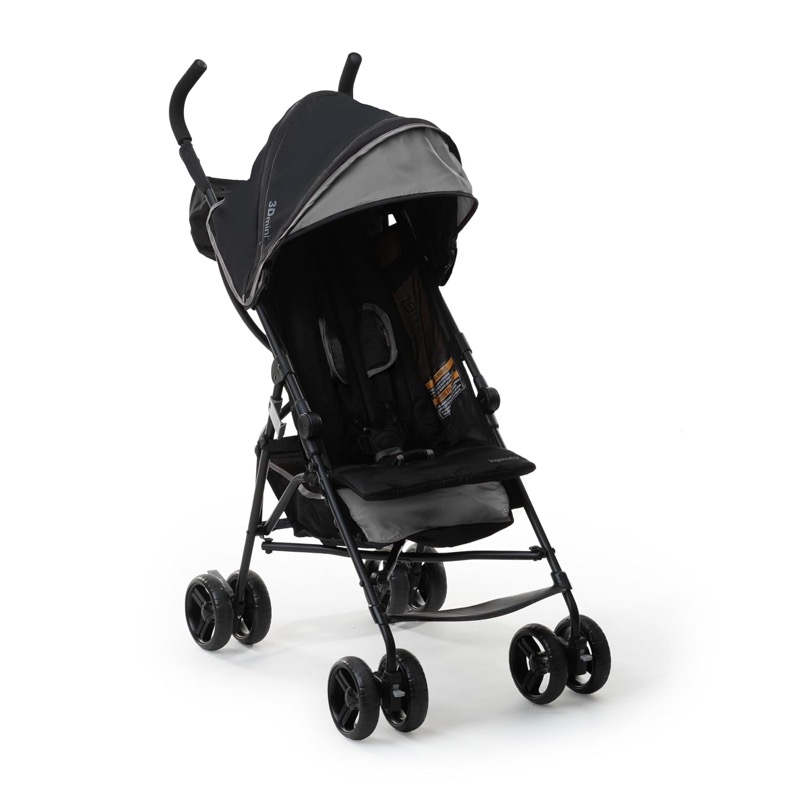 black and gray ingenuity 3d mini umbrella stroller with a canopy and two handles