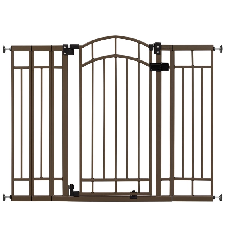 bronze ingenuity extra tall baby gate with an arched top and a walk-through door