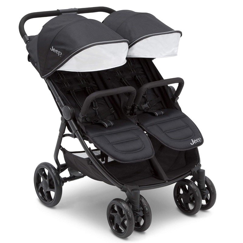 black jeep destination ultralight side-by-side double stroller with two canopies and a basket