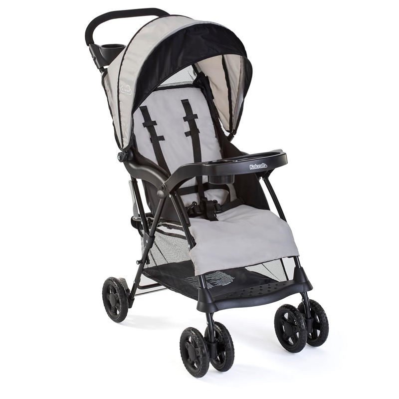 gray kolcraft cloud plus lightweight stroller with a canopy and storage basket