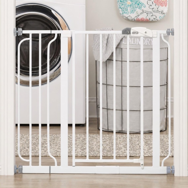 white regalo easy step pressure-mounted baby gate with a walk-through door in a doorway