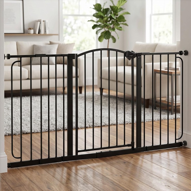 black regalo extra wide baby gate with extensions across a wide opening in a living room