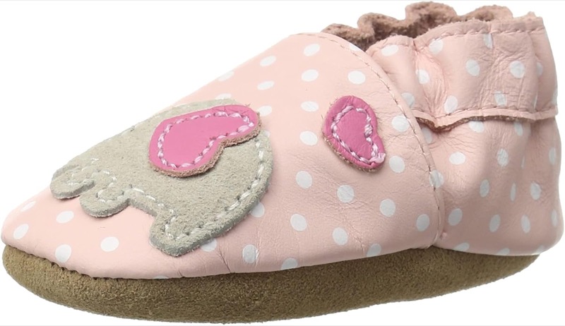 pink robeez soft sole baby shoe with white polka dots, a gray elephant and an elastic ankle
