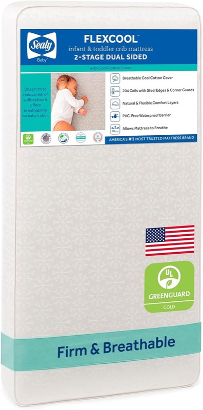 white sealy baby flex cool two-stage crib mattress with a quilted cover
