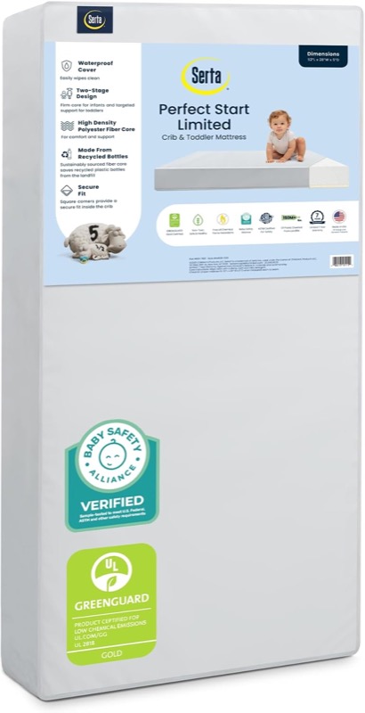 white serta perfect start dual-sided crib mattress with a patterned label