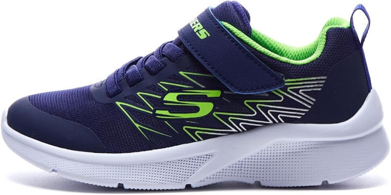 navy skechers microspec texlor kids sneaker with lime trim, stretch laces and a hook-and-loop strap