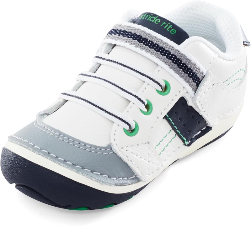 white and navy stride rite soft motion artie toddler sneaker with elastic laces and a hook-and-loop strap