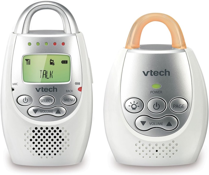 white and silver vtech dm221 audio parent unit with sound lights next to the baby unit with a night light